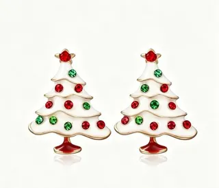Christmas Tree Earrings - Alloy Enamel with Red & Green Rhinestones, Festive Holiday Party Jewelry Gift