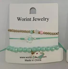 Worint Jewelry Mint Green Beaded Bracelet with Flower Charm, Elastic Stretch String, Korean Style Girl Bracelet Gift