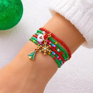 Christmas Beaded Bracelet Set for Women - Snowflake, Christmas Tree & Santa Alloy Charms, Red Green Seed Beads, 6-Piece 18cm Holiday Gift