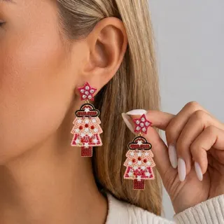 Christmas Tree Dangle Earrings for Women, Gold Plated Alloy with Rhinestone Star & Colorful Enamel, Festive Holiday Party Jewelry Gift, 8.7cm