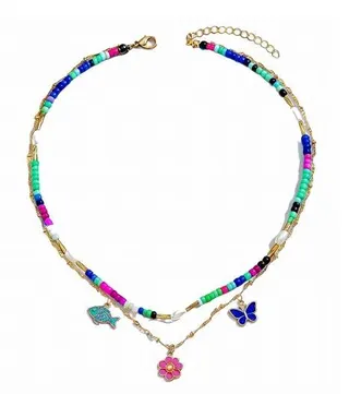 Colorful Beaded Double Layer Necklace with Butterfly Fish Flower Charms, Alloy Vacuum Plated, Boho Vacation Sweet Style, 50cm