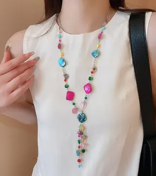 Boho Shell Necklace Women - Multicolor Macaron Beaded Long Sweater Chain with Tassel, Natural Shell Beach Jewelry