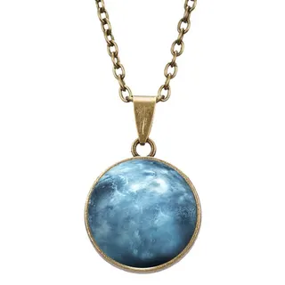 Uranus Planet Glow-in-the-Dark Double-Sided Pendant Necklace, Vintage Alloy & Glass Bezel, Blue Starry Sky Astronomy Theme, 50cm Chain, Women's Jewelry