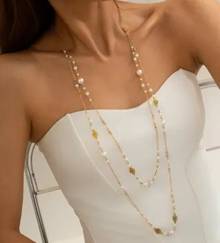 Gold Imitation Pearl Layered Long Chain Necklace Sweater Chain, 18K Gold Plated Alloy with Pearl Beads, 80cm/100cm Elegant French Vintage Pendant for Women
