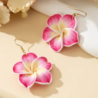 Tropical Plumeria Flower Earrings - Handmade Polymer Clay Pink Gradient Drop Earrings with Gold Alloy Hook, Boho Beach Vacation Statement Jewelry for Women