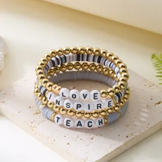 Teacher's Day Back to School Gift - Blue Letter Bead Bracelet Set of 4, LOVE INSPIRE TEACH, Soft Clay & Acrylic Letters with Gold Beads, 18cm Multi-Strand Wrap Bracelet for Women Girls