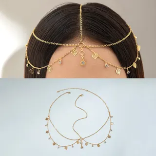 Vintage Rhinestone Head Chain, Multi-Layer Tassel Geometric Coin U-Shape Forehead Headpiece, Gold Alloy Crystal Bridal Bohemian Hair Accessory