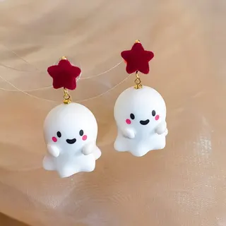 Cute Ghost Earrings Halloween Christmas Resin Dangle Earrings White Smiley Ghost with Wine Red Velvet Star Alloy Gold Plated 6x3cm Pair