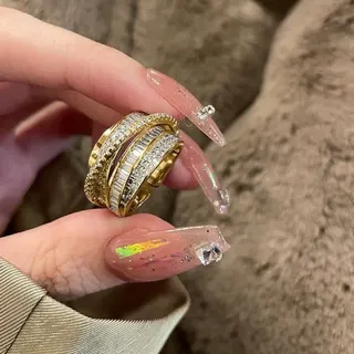 Planetary Orbit Multi-Layer Wrap Ring, Gold-Plated Copper with Cubic Zirconia, Adjustable Open-Back Statement Ring for Women, 1.7cm