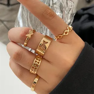Gold Butterfly Ring Set - Adjustable Alloy Chain Finger Rings, Hollow Cutout Stackable Rings for Women, 18K Gold Plated, 3 Styles, Ins Chic Jewelry Gift