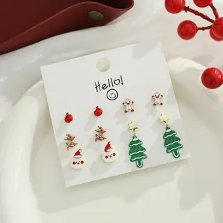 Christmas Earrings Set 5 Pairs - Christmas Tree Reindeer Gingerbread Snowman Cute Studs Dangle Earrings, Alloy Enamel Holiday Gift for Women