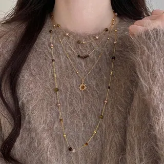 Autumn Tiger Eye Multi-Layer Necklace, Gold Sun Pendant Beaded Long Chain, Bohemian Layered Collar Necklace for Women