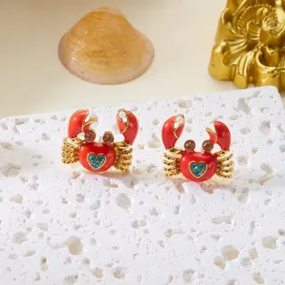 Cute Crab Earrings Red Enamel with Rhinestone, 18K Gold Plated Alloy, Beach Vacation Statement Earrings for Women