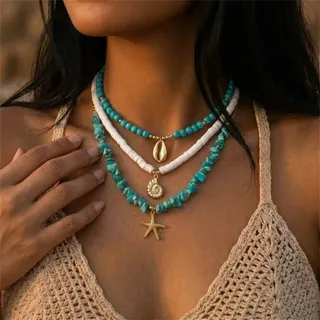 Boho Beach 3-Layer Necklace, Turquoise Crushed Beads + Braided Rope + Gold Starfish & Shell Pendant, Layered Choker 37+8cm