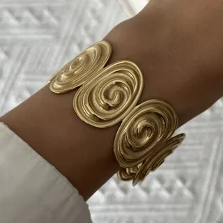 Gold Geometric Wide Chain Cuff Bracelet - Stainless Steel 18K Gold Plated, Open Adjustable Link Bangle, Vintage Luxury Geometric Cut Women's Jewelry