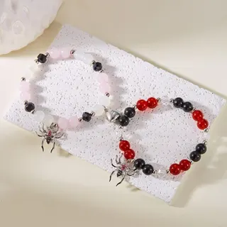 Cute Kitten Charm Beaded Bracelet Set - Pink & Blue Glass Beads with Rhinestone Alloy Pendant, 18cm Couple Best-Friend Handmade String Bracelet