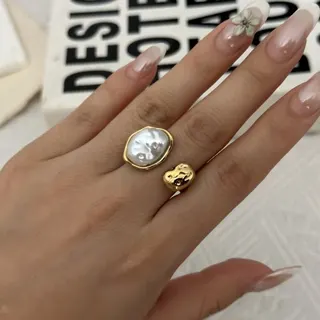 Vintage Baroque Pearl Wave Ring - 18K Gold Plated Stainless Steel Open Ring with Imitation Pearl, French Minimalist Stacking Ring for Women