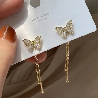 Butterfly Rhinestone Long Tassel Drop Earrings, Gold-Plated Alloy with Micro-Paved Crystals, French Vintage Elegant Dangle Earrings for Women, 7.5x2cm, Pair
