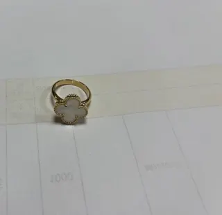 White Clover Ring for Women, Mother of Pearl Inlay, 18K Gold Plated Beaded Adjustable Open Band, Vintage Lucky Finger Ring