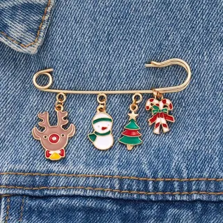 Christmas Safety Pin Brooch - Santa Snowflake Stocking Bell Charms, Gold Plated Alloy Enamel with Rhinestone, Holiday Sweater Pin Gift