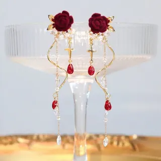 Vintage Red Velvet Rose Tassel Earrings, 18K Gold Plated Alloy with Cross Zircon & Crystal Drop, 8cm Long Dangle Earrings for Wedding Party Gothic Elegant Jewelry