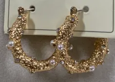 Vintage Pearl Hoop Earrings - 18K Gold Plated Alloy Textured C-Shape Studs, French Bohemian Elegant Dangle Earrings for Women