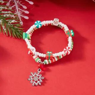 Christmas Beaded Bracelet with Clay Christmas Tree & Santa Charms, Alloy Tree Charm with Rhinestone, Stretchy 16cm Elastic, Festive Gift Set of 2