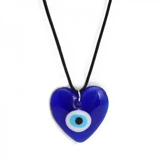 Evil Eye Heart Necklace, Blue Glass Pendant with Turkish Eye Charm, Bohemian Protective Locket on Black Cord Chain, 43+5cm