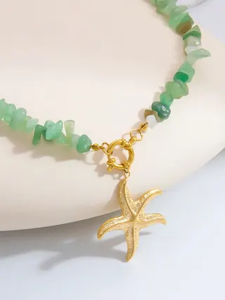 Ocean Starfish Pendant Necklace Women Green Crushed Stone Beaded Stainless Steel Choker Chain 18K Gold Plated Adjustable 40+5cm