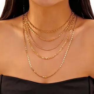 4-Piece Layered Necklace Set Gold Plated Copper & Iron Chain, Adjustable 35+5cm Multi-Strand Collarbone Necklace, French Vintage Luxury Jewelry for Women