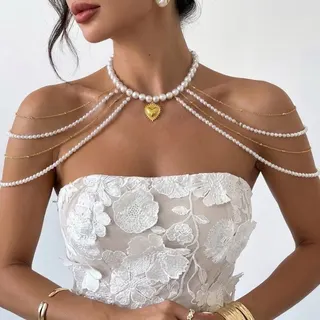 Pearl Shoulder Chain Necklace with Gold Heart Pendant - Multi-Layer Body Chain, White Pearl Clavicle Chain for Wedding, Evening Dress & Party, 40+7cm