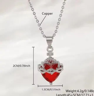 Sacred Heart Pendant Necklace for Women, White Gold Plated Copper with Red Heart & Cross, Vintage Religious Jewelry, Adjustable 38+7cm Chain