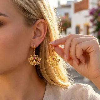 Lotus Flower Dangle Earrings Gold Plated Alloy with Rhinestone Inlay, Boho Vacation Statement Earrings for Women, Hollow Cutout Design 4x2.8cm