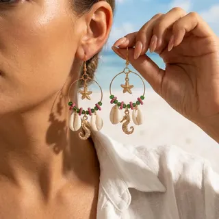 Boho Ocean Sea Star Shell Drop Earrings - Gold Alloy & Crystal Round Dangle Earrings with Seahorse, Pink Green Beads, Beach Vacation Statement Jewelry for Women