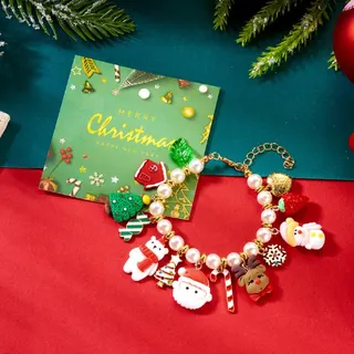 Christmas Pearl Bracelet with Santa Reindeer Snowman Gingerbread Charms - Gold Alloy 18K Plated + Pearl + Resin Drop Charms, Holiday Gift Jewelry for Women, 18+5cm