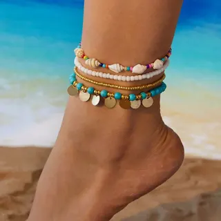 Boho Beach Shell Anklet Bracelet Set - Natural Conch & Turquoise Beads with Gold-Plated Disc Charms, Multi-Layer Stackable, Adjustable 20+5cm, Summer Vacation Jewelry for Women
