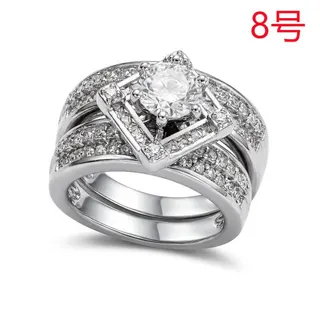 Vintage Square Wide Ring, White Gold Plated Copper with Cubic Zirconia, Princess Cut Center Stone Four-Prong Setting, Double Row Paved Band, Elegant Ladies Ring Size 9