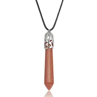 Natural Gold Sandstone Hexagonal Point Pendant Necklace, Openwork Claw-Set Alloy Top, Black Leather Cord Adjustable, Boho Crystal Long Necklace for Women