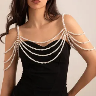 French Vintage Multi-Strand Pearl Shoulder Chain, White Pearl Off-Shoulder Dress Accessory, Bridal & Evening Wear Drape Necklace, 80+8cm