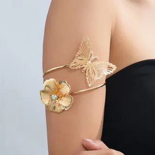 Gold Butterfly Flower Arm Cuff Bracelet - Adjustable Open Bangle with Hollow-Out Design & Crystal Accent, 18K Gold Plated, Statement Arm Jewelry for Women