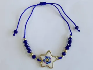 Evil Eye Star Bracelet, Blue Beaded Adjustable Cord Wristband, Boho Nazar Charm Handmade Jewelry Gift
