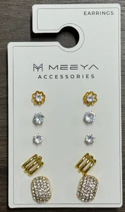 MEEYA 5-Pairs Zircon Earrings Set, 18K Gold Plated Copper Pave Hoops & Studs, Flower Round Oval Mix, Hypoallergenic Luxury Jewelry Gift
