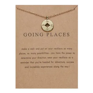 Going Places Compass Pendant Necklace for Women, 14K Gold Plated Alloy, Hollow Star Design with Gift Card, Adjustable 48+5cm Chain, Inspirational Gift