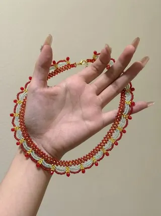 Red Beaded Short Necklace Handmade Pearl Choker, Vintage Bohemian Layered Beaded Collar Necklace for Wedding Party