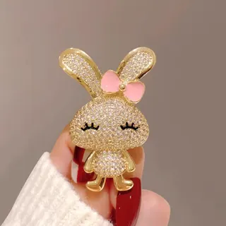 Cute Rabbit Brooch, Rhinestone Paved Bunny Pin with Pink Bow, Gold Plated Alloy Cute Animal Brooch for Women, Sweet Gift Accessory