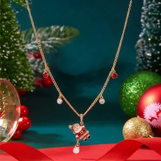 Christmas Santa Necklace for Women, 18K Gold Plated Alloy with Rhinestone Santa Pendant & Pink Drop Bead, Adjustable 42+5cm Festive Gift Jewelry