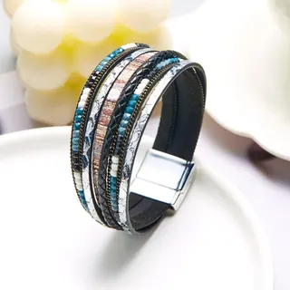 Bohemian Multi-Layer Woven Leather Bracelet with Beads and Alloy Clasp, Women's Ethnic Style Wrap Bangle, Approx 20cm