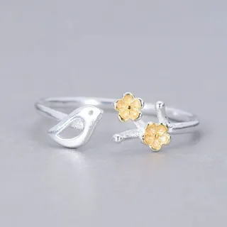 Adjustable Open Ring Bird & Plum Blossom Branch Design, Silver Plated Copper with Enamel Flowers, Boho French Vintage Stackable Ring for Women, 1PC