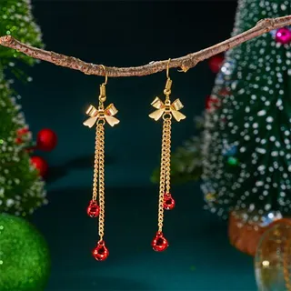 Christmas Bow Ball Drop Earrings, Gold Plated Alloy, Festive Red Charm Dangle Earrings for Women, Holiday Party Jewelry Gift