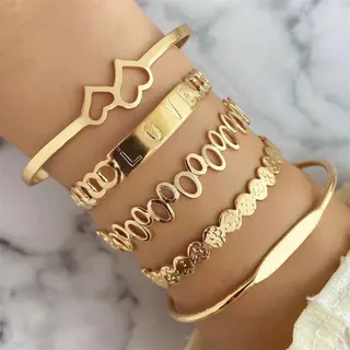 Gold Open Cuff Bracelet Set of 5 - 18K Gold Plated Alloy LOVE Letter Hollow Double Heart Engraved Stackable Bangle, Adjustable 5.8cm, Gift for Her